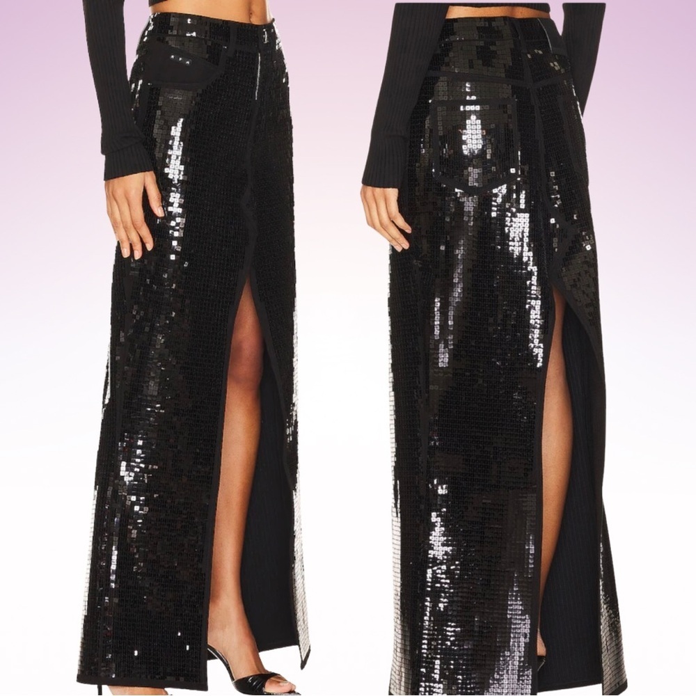 NWT RTA Black Sequin Slit Denim Jean Maxi Skirt (Sz 26)